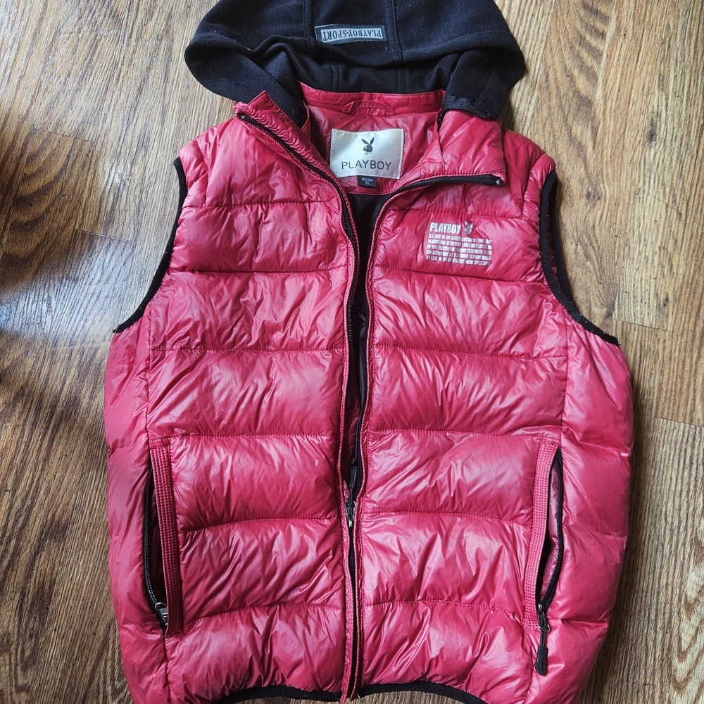 Vintage PLAYBOY Down Filled Red Puffer Vest XL Zip Up Jacket Playboy Sport